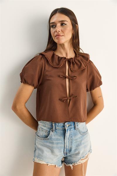Kadın Bebe Yaka Bağlama Detaylı Balon Kol Bluz 20124 60286178 - Kahverengi