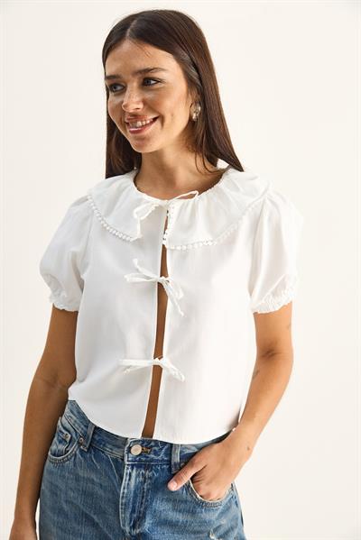 Kadın Bebe Yaka Bağlama Detaylı Balon Kol Bluz 20124 60286178 - Beyaz