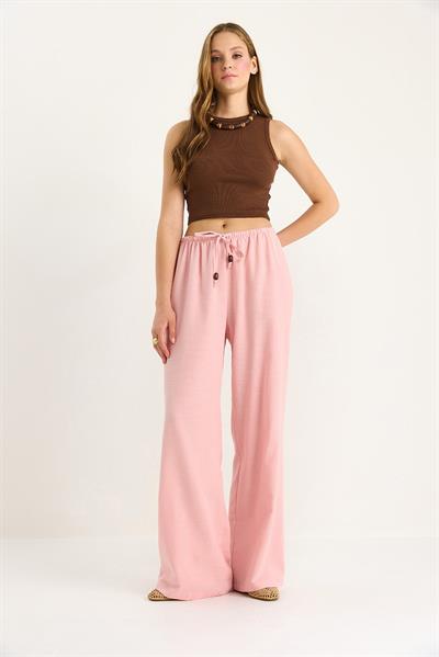 Kadın Bel Bağlamalı İnce Keten Yazlık Bol Pantolon 3236 60281079 - Pembe