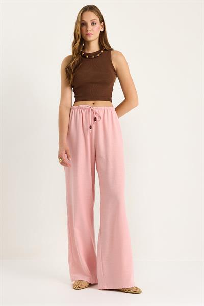 Kadın Bel Bağlamalı İnce Keten Yazlık Bol Pantolon 3236 60281079 - Pembe