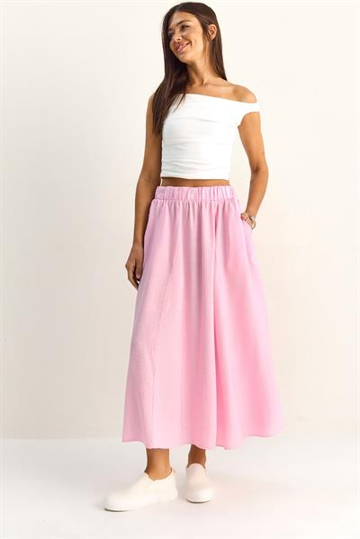 Kadın Bel Lastikli Cep Detaylı Dökümlü Maxi Etek 7597 60286144 - Pembe