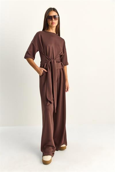 Kadın Belden Bağlamalı Basic T-Shirt Bol Paça Pantolon Alt-Üst Modal Takım 4114 60286087 - Acı Kahve