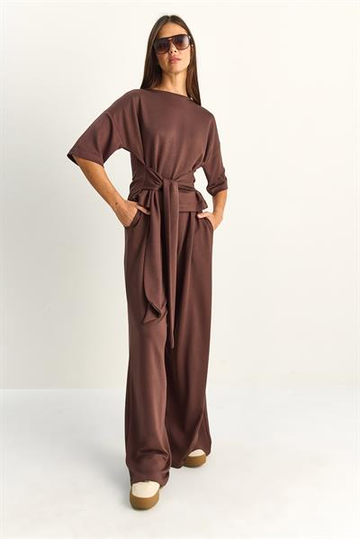 Kadın Belden Bağlamalı Basic T-Shirt Bol Paça Pantolon Alt-Üst Modal Takım 4114 60286087 - Acı Kahve