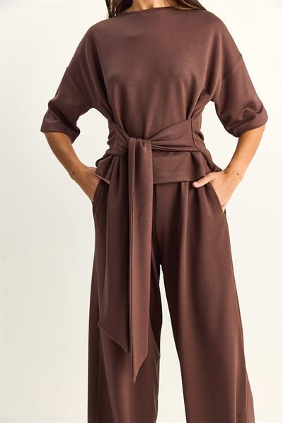 Kadın Belden Bağlamalı Basic T-Shirt Bol Paça Pantolon Alt-Üst Modal Takım 4114 60286087 - Acı Kahve