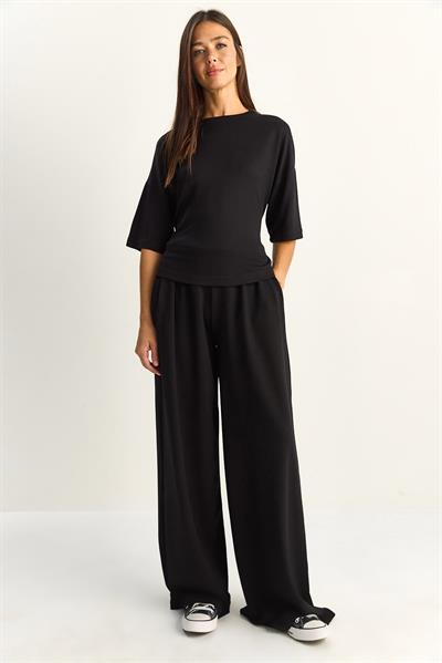 Kadın Belden Bağlamalı Basic T-Shirt Bol Paça Pantolon Alt-Üst Modal Takım 4114 60286087 - Siyah