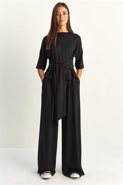 Kadın Belden Bağlamalı Basic T-Shirt Bol Paça Pantolon Alt-Üst Modal Takım 4114 60286087 - Siyah