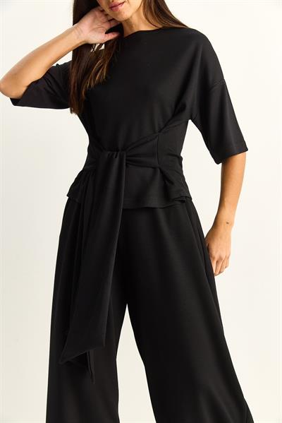 Kadın Belden Bağlamalı Basic T-Shirt Bol Paça Pantolon Alt-Üst Modal Takım 4114 60286087 - Siyah