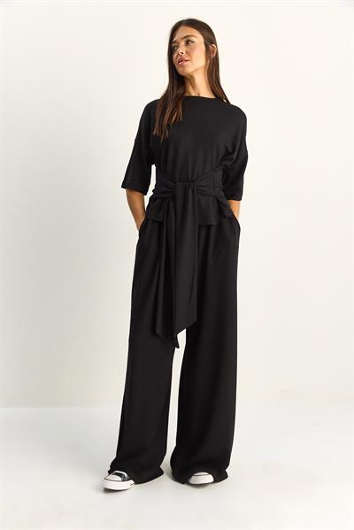Kadın Belden Bağlamalı Basic T-Shirt Bol Paça Pantolon Alt-Üst Modal Takım 4114 60286087 - Siyah