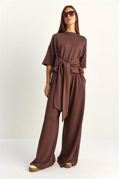 Kadın Belden Bağlamalı Basic T-Shirt Bol Paça Pantolon Alt-Üst Modal Takım 4114 60286087 - Acı Kahve