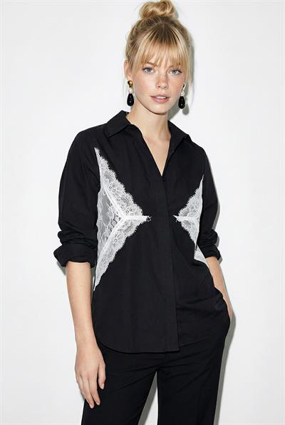 Kadın Belden Dantel Detaylı Arkası Bağlamalı Gömlek DG261016 60286076 - Siyah