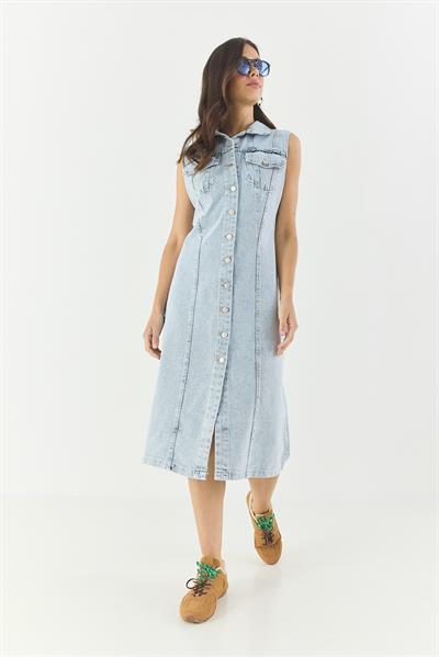 Kadın Belden Oturan Cepleri Kapaklı Sıfır Kollu Düğmeli Denim Elbise 3575 60283288 - Buz Mavisi