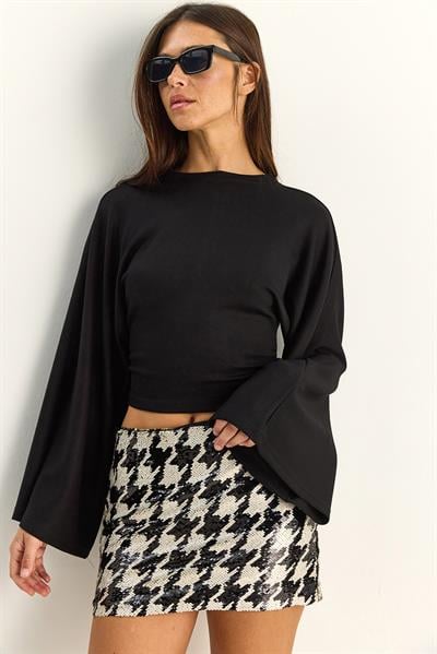 Kadın Belden Oturtmalı Drapeli Geniş Kol Crop Bluz 1093 60286119 - Siyah