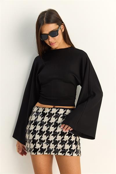 Kadın Belden Oturtmalı Drapeli Geniş Kol Crop Bluz 1093 60286119 - Siyah