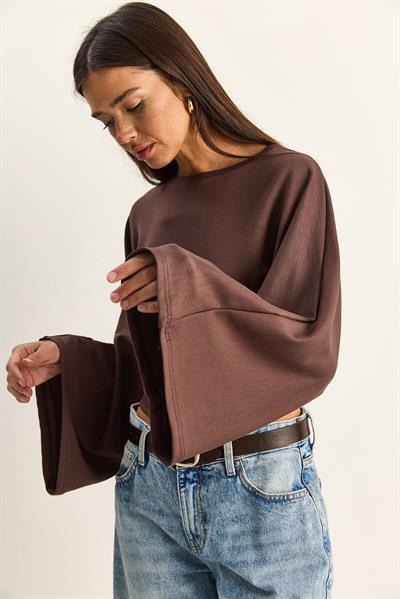 Kadın Belden Oturtmalı Drapeli Geniş Kol Crop Bluz 1093 60286119 - Kahverengi