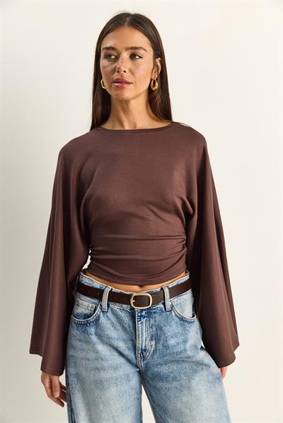 Kadın Belden Oturtmalı Drapeli Geniş Kol Crop Bluz 1093 60286119 - Kahverengi