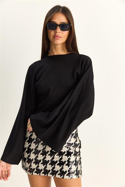 Kadın Belden Oturtmalı Drapeli Geniş Kol Crop Bluz 1093 60286119 - Siyah