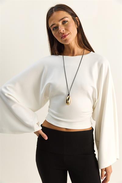 Kadın Belden Oturtmalı Drapeli Geniş Kol Crop Bluz 1093 60286119 - Beyaz