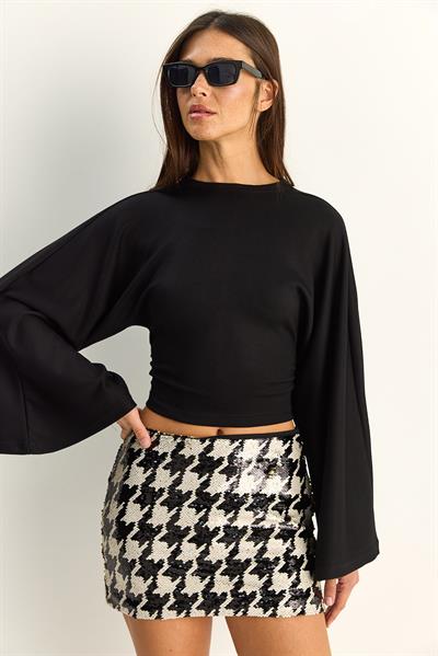 Kadın Belden Oturtmalı Drapeli Geniş Kol Crop Bluz 1093 60286119 - Siyah