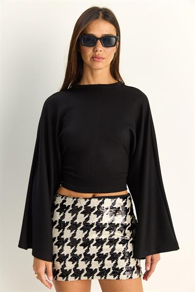 Kadın Belden Oturtmalı Drapeli Geniş Kol Crop Bluz 1093 60286119 - Siyah