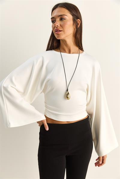 Kadın Belden Oturtmalı Drapeli Geniş Kol Crop Bluz 1093 60286119 - Beyaz