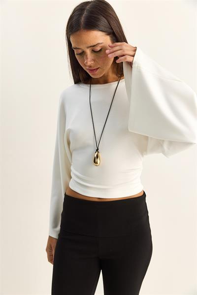 Kadın Belden Oturtmalı Drapeli Geniş Kol Crop Bluz 1093 60286119 - Beyaz