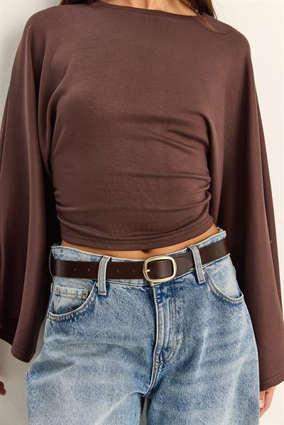 Kadın Belden Oturtmalı Drapeli Geniş Kol Crop Bluz 1093 60286119 - Kahverengi