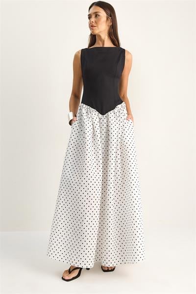 Kadın Belden Oturtmalı Puantiyeli Cep Detaylı Maxi Elbise 8707 60286183 - Siyah