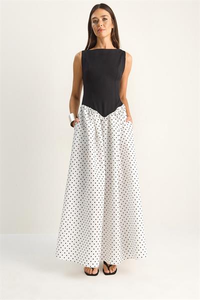 Kadın Belden Oturtmalı Puantiyeli Cep Detaylı Maxi Elbise 8707 60286183 - Siyah