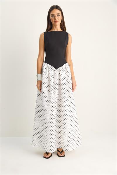 Kadın Belden Oturtmalı Puantiyeli Cep Detaylı Maxi Elbise 8707 60286183 - Siyah