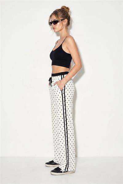 Kadın Beli Bağcıklı Yan Şerit Detaylı Puantiyeli Bol Paça Rahat Pantolon 8021 60286218 - Beyaz-Siyah