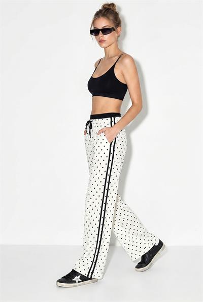 Kadın Beli Bağcıklı Yan Şerit Detaylı Puantiyeli Bol Paça Rahat Pantolon 8021 60286218 - Beyaz-Siyah