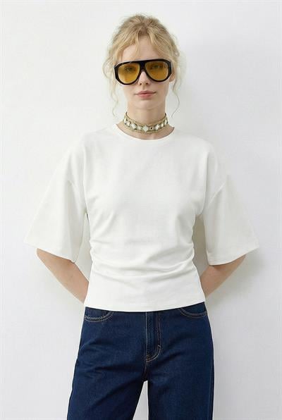 Kadın Beli Büzgülü Bisiklet Yaka T-Shirt ÖT261003 60283996 - Ekru