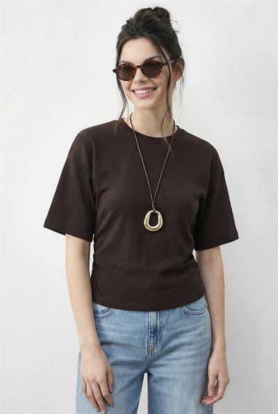 Kadın Beli Büzgülü Bisiklet Yaka T-Shirt ÖT261003 60283996 - Acı Kahve