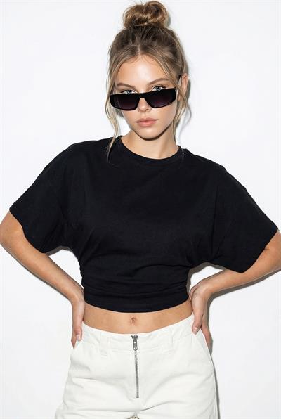 Kadın Beli Büzgülü Bisiklet Yaka T-Shirt ÖT261003 60283996 - Siyah