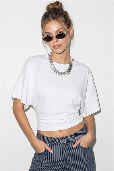 Kadın Beli Büzgülü Bisiklet Yaka T-Shirt ÖT261003 60283996 - Beyaz