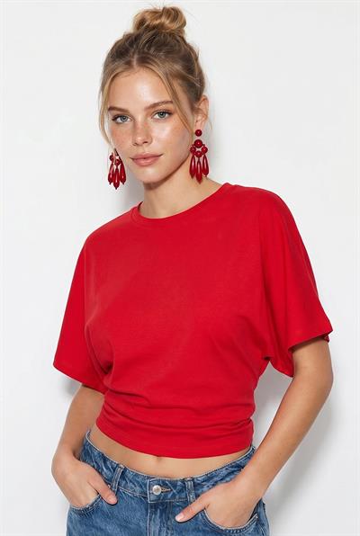 Kadın Beli Büzgülü Bisiklet Yaka T-Shirt ÖT261003 60283996 - Kırmızı