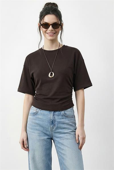 Kadın Beli Büzgülü Bisiklet Yaka T-Shirt ÖT261003 60283996 - Acı Kahve