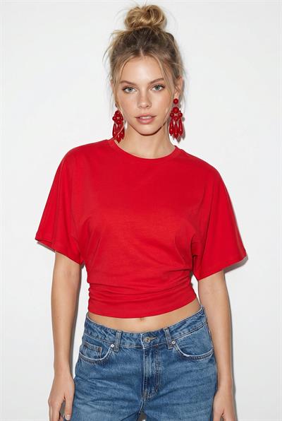 Kadın Beli Büzgülü Bisiklet Yaka T-Shirt ÖT261003 60283996 - Kırmızı