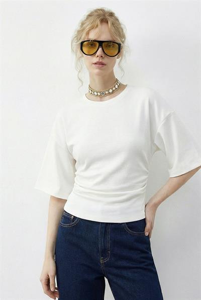 Kadın Beli Büzgülü Bisiklet Yaka T-Shirt ÖT261003 60283996 - Ekru