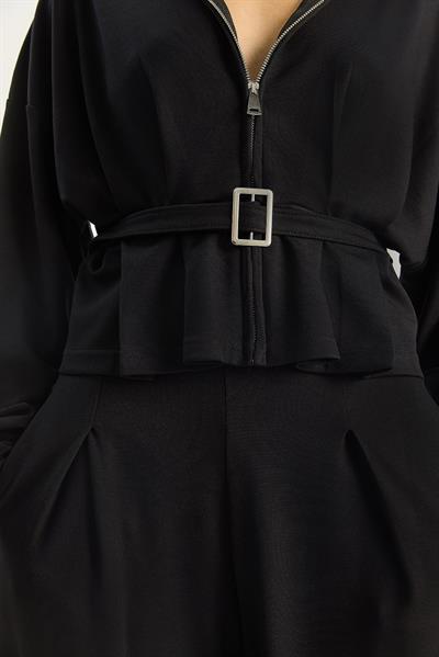 Kadın Beli Kemerli Pileli Hırka Yüksek Bel Bol Pantolon Alt-Üst Modal Takım 4034 60283734 - Siyah