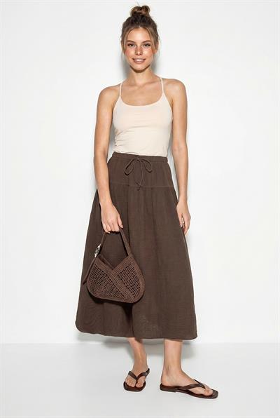 Kadın Beli Lastikli Bağcıklı Müslin Midi Etek YE4473 60286111 - Kahve