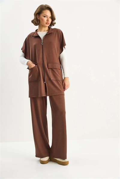 Kadın Beli Lastikli Büyük Cep Detaylı Yelek Bol Pantolon Alt-Üst Modal Takım 8607 60283733 - Kahverengi
