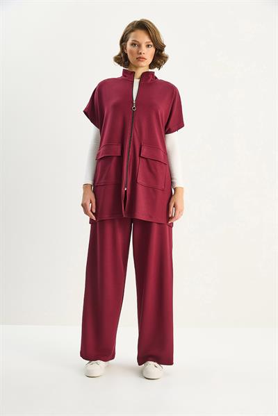 Kadın Beli Lastikli Büyük Cep Detaylı Yelek Bol Pantolon Alt-Üst Modal Takım 8607 60283733 - Bordo