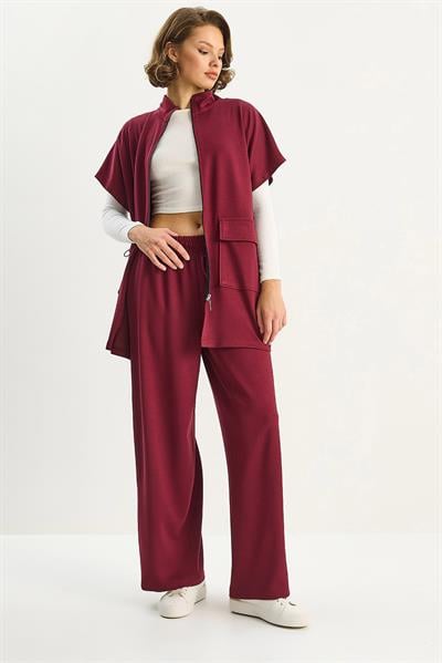 Kadın Beli Lastikli Büyük Cep Detaylı Yelek Bol Pantolon Alt-Üst Modal Takım 8607 60283733 - Bordo