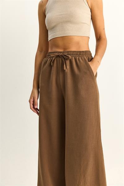 Kadın Beli Lastikli Cep Detaylı Bol Keten Pantolon YP5562 60286109 - Kahve