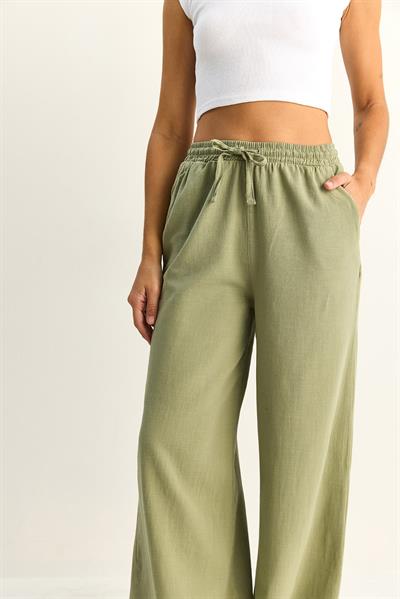 Kadın Beli Lastikli Cep Detaylı Bol Keten Pantolon YP5562 60286109 - Çağla Yeşili