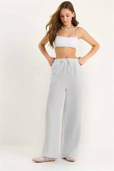 Kadın Beli Lastikli Cep Detaylı Çizgili Müslin Palazzo Pantolon 60281077 - Bebe Mavisi