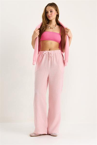 Kadın Beli Lastikli Cep Detaylı Çizgili Müslin Palazzo Pantolon 60281077 - Pembe