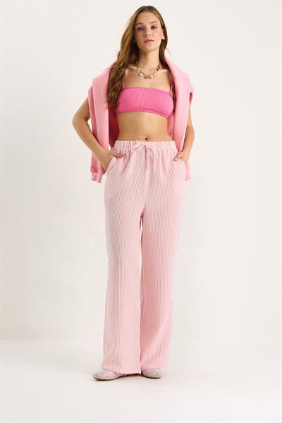 Kadın Beli Lastikli Cep Detaylı Çizgili Müslin Palazzo Pantolon 60281077 - Pembe