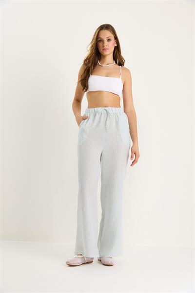 Kadın Beli Lastikli Cep Detaylı Çizgili Müslin Palazzo Pantolon 60281077 - Bebe Mavisi